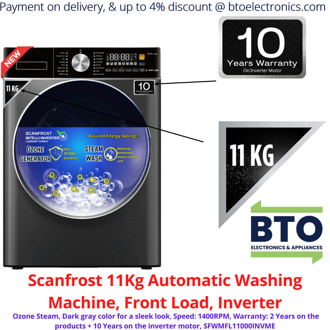 Scanfrost 11KG Automatic Front Load Washing Machine, Inverter