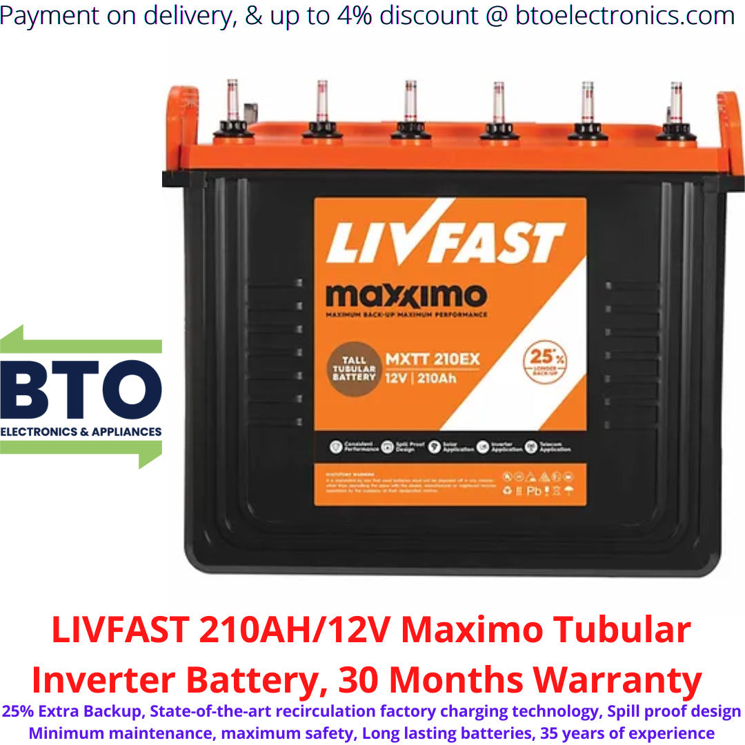 LIVFast 210AH/12V Maximo Tubular Inverter Battery 30 Months Warranty