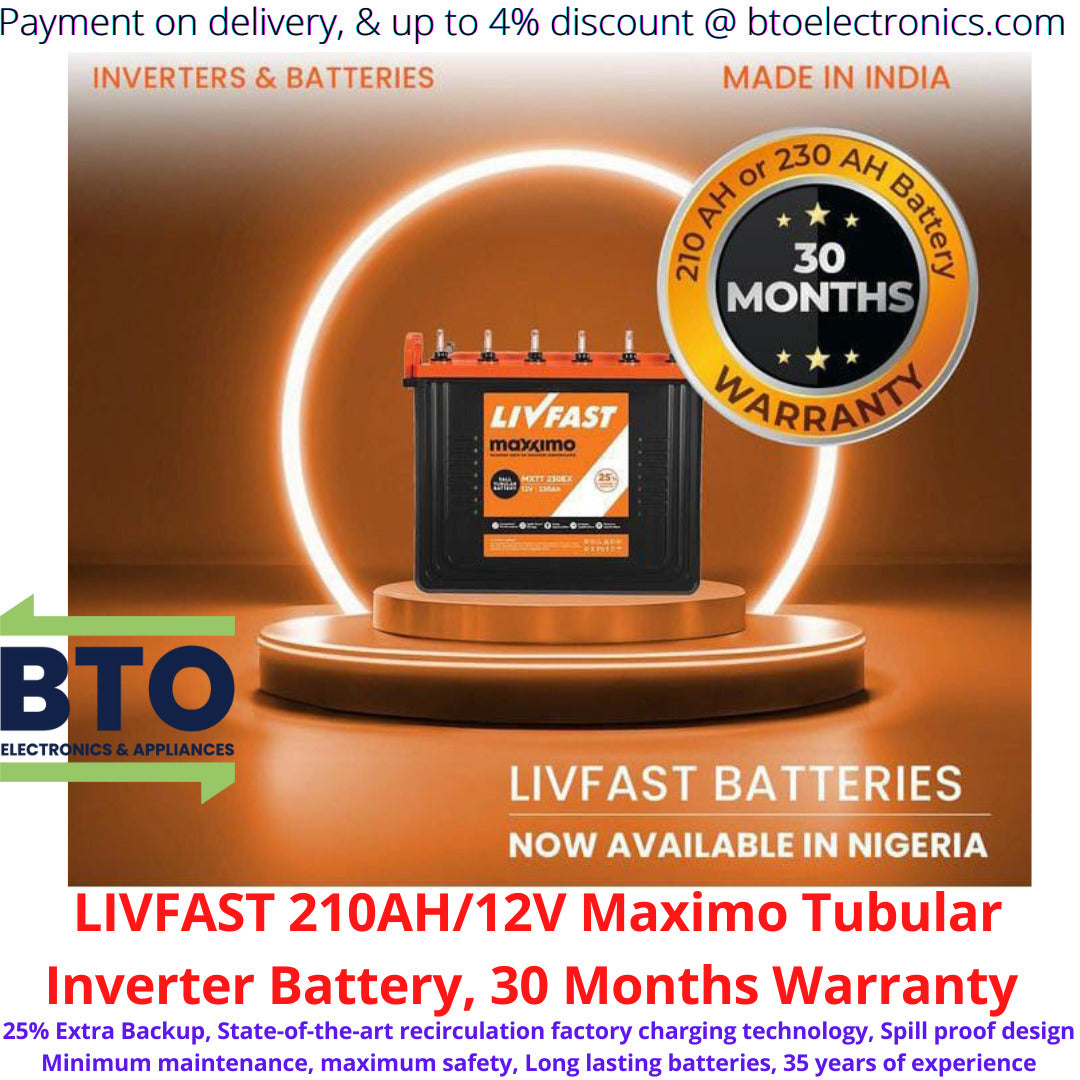 LIVFast 210AH/12V Maximo Tubular Inverter Battery 30 Months Warranty