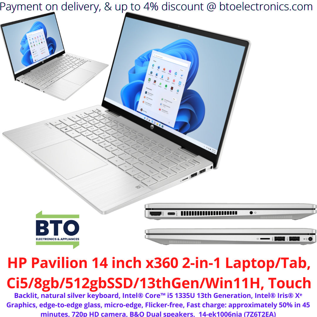 HP Pavilion 14 inch x360 2-in-1  Laptop/Tab, C15/8gb/512gbSSD/13th Gen/Win11H/Touch