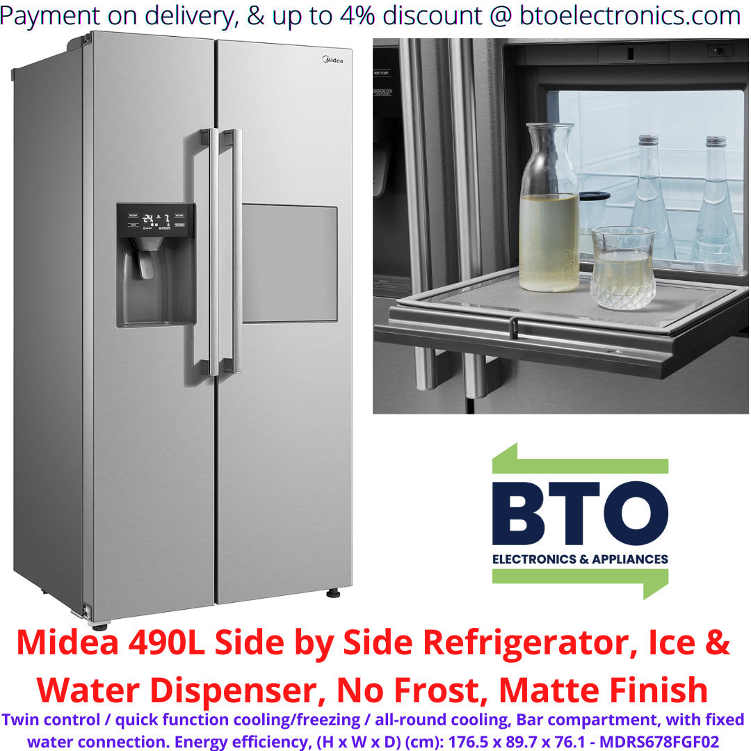 Midea 490L Side by Side Refrigerator, Ice & Water Dispenser, No Frost, Matte Finish