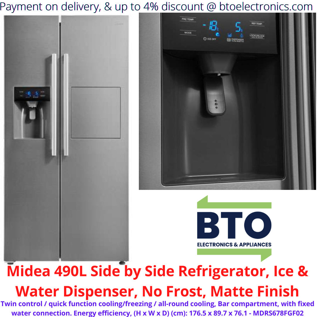 Midea 490L Side by Side Refrigerator, Ice & Water Dispenser, No Frost, Matte Finish