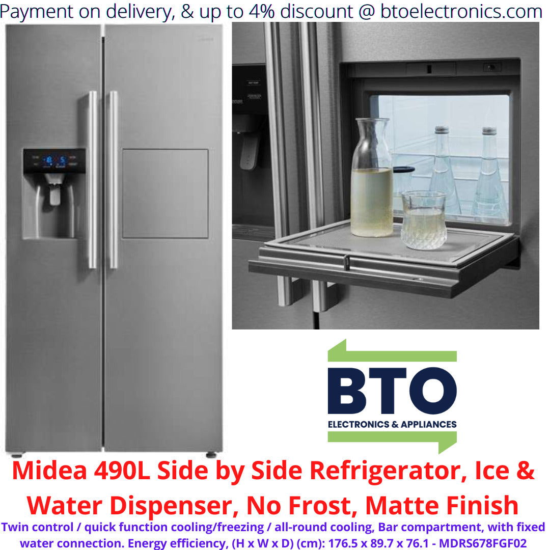 Midea 490L Side by Side Refrigerator, Ice & Water Dispenser, No Frost, Matte Finish