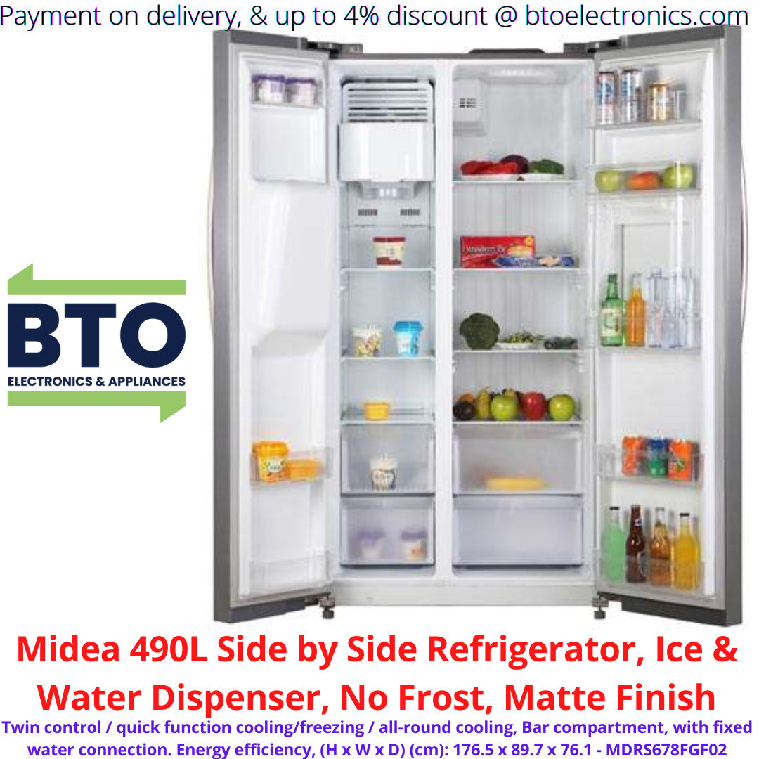 Midea 490L Side by Side Refrigerator, Ice & Water Dispenser, No Frost, Matte Finish