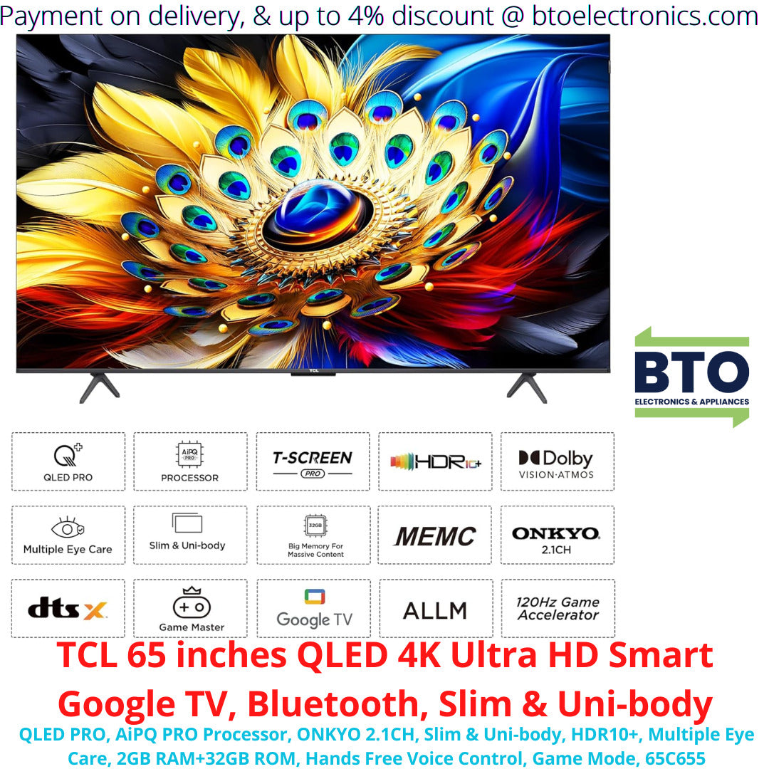 TCL 65 inches Qled 4k Ultra HD Smart Google TV, Bluetooth, Slim and Uni-body