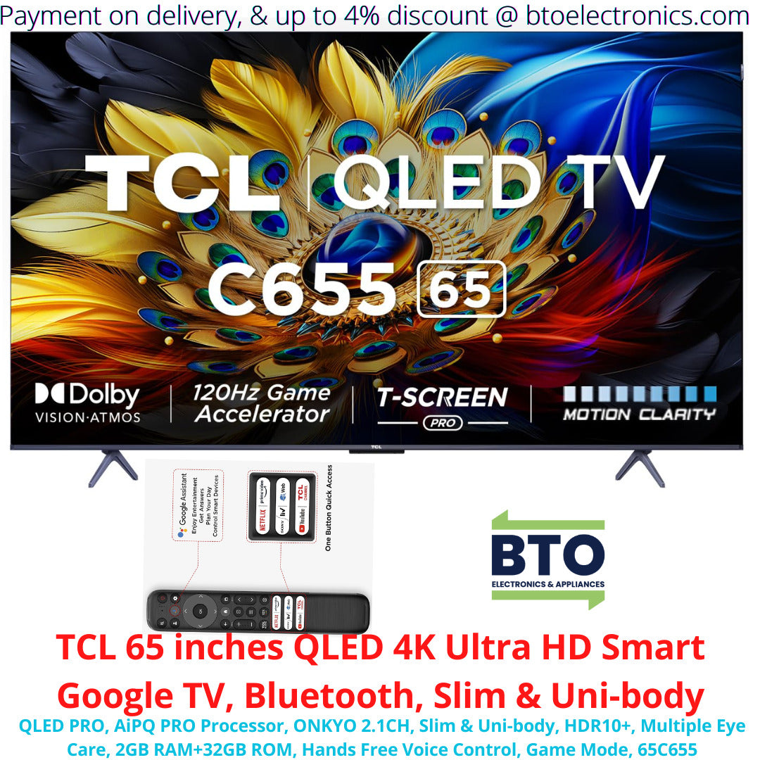 TCL 65 inches Qled 4k Ultra HD Smart Google TV, Bluetooth, Slim and Uni-body