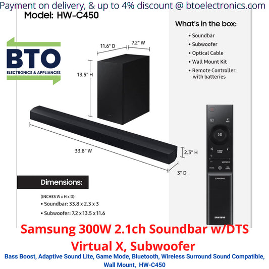 Samsung 300W 2.1ch Soundbar W/DTS Virtual X, Subwoofer